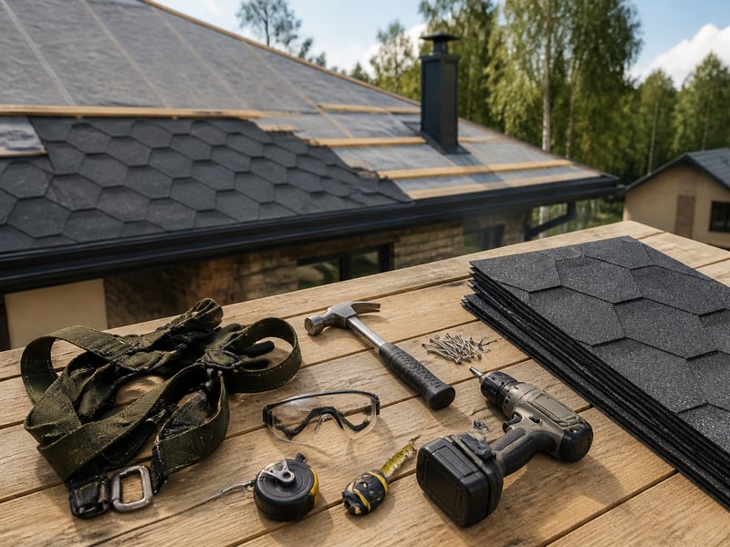 Что входит в смету: tools and materials laid out — Монтаж кровли из мягкой черепицы